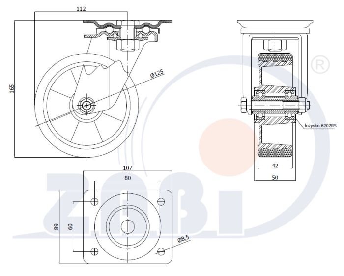 Polyuretanové kolo 125 mm otočná vidlice