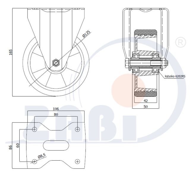 Polyuretanové kolo 125 mm pevná vidlice