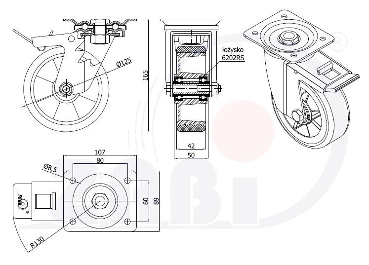 Polyuretanové kolo 125 mm otočná vidlice