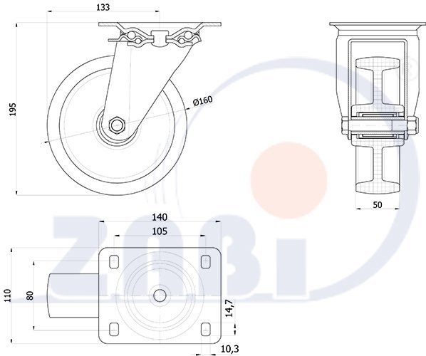 Plastové kolo 160 mm nerezová otočná vidlice ZABI