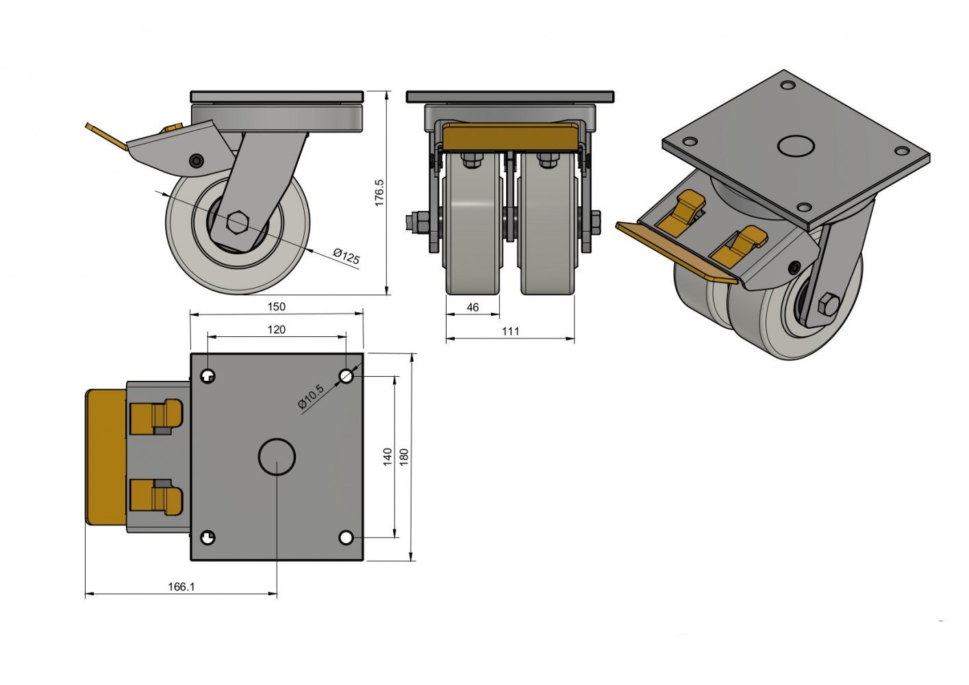 Polyamidové zdvojené kolo pro vysoké zatížení 125 mm ZABI 