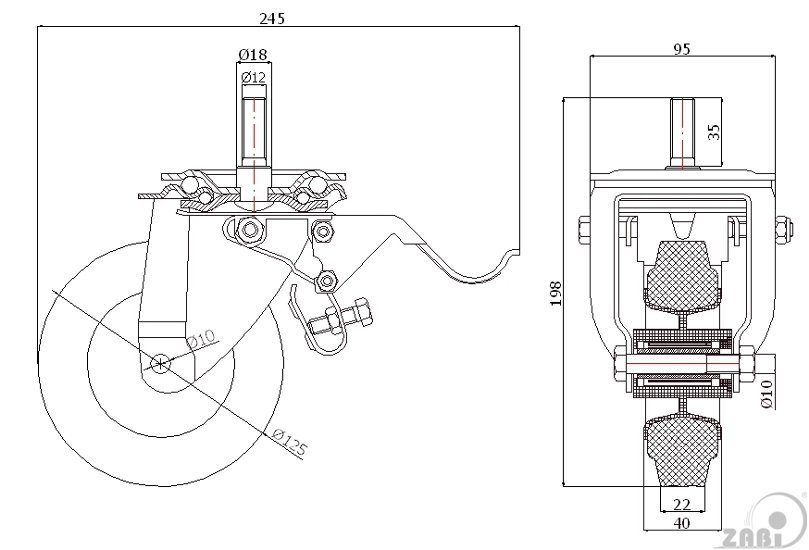 Pryžové kolo 125 mm otočná vidlice s brzdou a čepem M12 ZABI