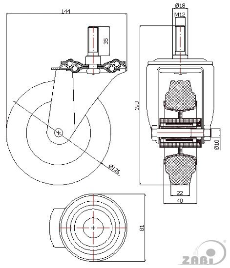 Pryžové kolo 125 mm otočná vidlice s čepem M12 ZABI